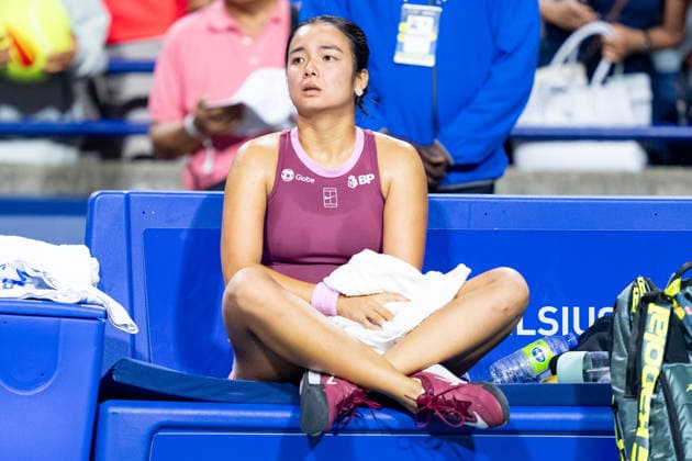 TORONTO, ON - AUGUST 07: Alexandra Eala of Philippines reacts after winning her match at the WTA, Tennis Damen National Bank Open tournament on August 7, 2026 at Sobeys Stadium in Toronto, ON, Canada (Photo by Julian Avram Icon Sportswire) TENNIS: AUG 07 National Bank Open EDITORIAL USE ONLY Icon2608071679
