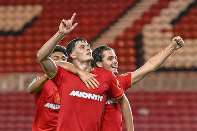 Middlesbrough v Wrexham - Carabao Cup First Round Will Lankshear of Middlesbrough celebrates with teammate Leo Castledine after scoring the opening goal during the Carabao Cup first round match between Middlesbrough and Wrexham at the Riverside Stadium in Middlesbrough, United Kingdom. Middlesbrough North Yorkshire United Kingdom  Copyright: xMIxNewsx originalFilename:fletcher-middlesb260807_npipb.jpg
