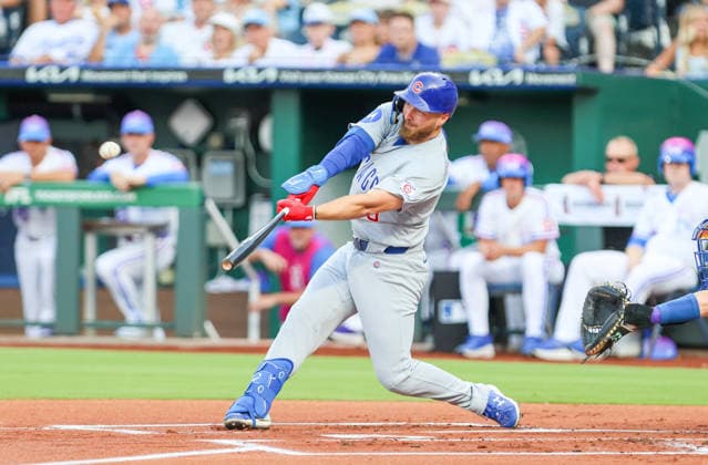 AUG 07, 2026: Chicago Cubs first baseman Michael Busch (29) at bat in the 1st inning against the Kansas City Royals at Kauffman Stadium Kansas City, MO. CSM MLB, Baseball Herren, USA 2026: Cubs Vs Royals August 8th  - ZUMAc04_ 20260807_zma_c04_159 Copyright: xRomanxPunox