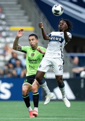 August 7, 2026, Vancouver, Bc, CANADA: Juarez FC s Francisco Nevarez (left) and Vancouver Whitecaps Jean-Claude Ngando (26) vie for the ball during the first half of a Leagues Cup soccer match in Vancouver, on Friday, August 7, 2026. Canada News - August 7, 2026  - ZUMAc35_ 20260807_zaf_c35_114 Copyright: xEthanxCairnsx