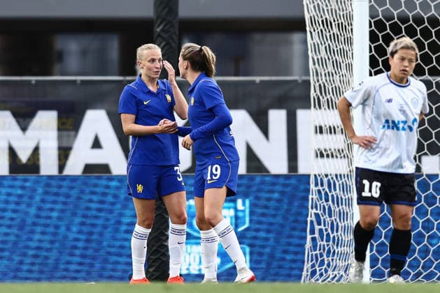 Chelsea Women v Auckland FC Women s Invitational XI Pre-Season Friendly Aggie Beever-Jones of Chelsea Women (left) celebrates a scoring a goal during the Pre-Season Friendly match at Eden Park, Auckland 08 08 2026 UK Newspapers OUT Copyright: xAlexxLeechx FIL-23738-0016