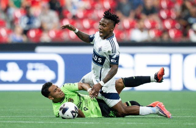August 7, 2026, Vancouver, Bc, CANADA: Vancouver Whitecaps Edier Ocampo (top) and Juarez FC s Ian Torres (10) collide during the second half of a Leagues Cup soccer match in Vancouver, on Friday, August 7, 2026. Canada News - August 7, 2026  - ZUMAc35_ 20260807_zaf_c35_135 Copyright: xEthanxCairnsx