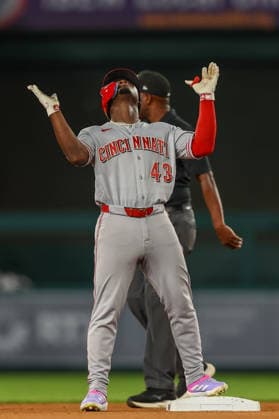 August 7, 2026, Washington D.C, District Of Columbia, United States: Washington, DC; Cincinnati Reds center fielder Ho ctor Rodriguez (43) celebrates hitting a double, his first Major League hit, during the Major League Baseball game between the Washington Nationals and the Cincinnati Reds at Nationals Park on Friday, August 7, 2026. The Nationals beat the Reds 5-3. Washington D.C United States - ZUMAp258 20260807_znp_p258_033 Copyright: xStevexPrakopex
