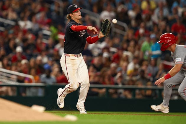 August 7, 2026, Washington D.C, District Of Columbia, United States: Washington, DC; Washington Nationals third baseman Brady House (12) throws to second to start the double play during the Major League Baseball game between the Washington Nationals and the Cincinnati Reds at Nationals Park on Friday, August 7, 2026. The Nationals beat the Reds 5-3. Washington D.C United States - ZUMAp258 20260807_znp_p258_059 Copyright: xStevexPrakopex