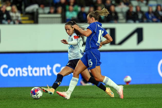 New Zealand International Football Festival Auckland Invitational XI Women s Peta Trimis and Chelsea FC Womens s Katie McCabe. New Zealand International Football Festival - Chelsea FC Women v Auckland Invitational XI Women at Eden Park, Auckland, New Zealand, Saturday 8 August 2026. Photo: Shane Wenzlick z Copyright: xShanexWenzlickx xPhotosport.nzx
