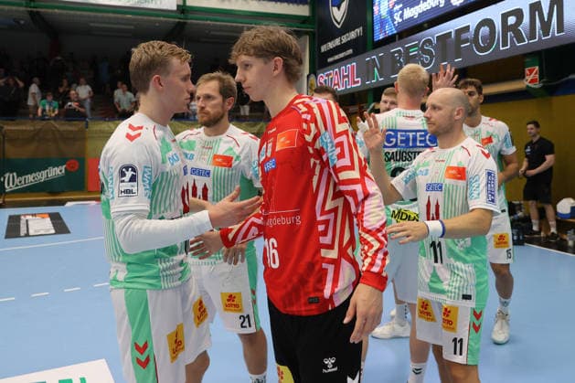 07.08.2026, xtgx, Handball Turnier, EHV Aue - SC Magdeburg emspor, v.l. Anton Stemmer (Magdeburg) Jubel ueber den Sieg, Jubel nach Spielende Lößnitz *** August 7, 2026, xtgx, Handball Tournament, EHV Aue vs. SC Magdeburg emspor, from left: Anton Stemmer (Magdeburg) celebrating the victory, celebration after the game in Lößnitz