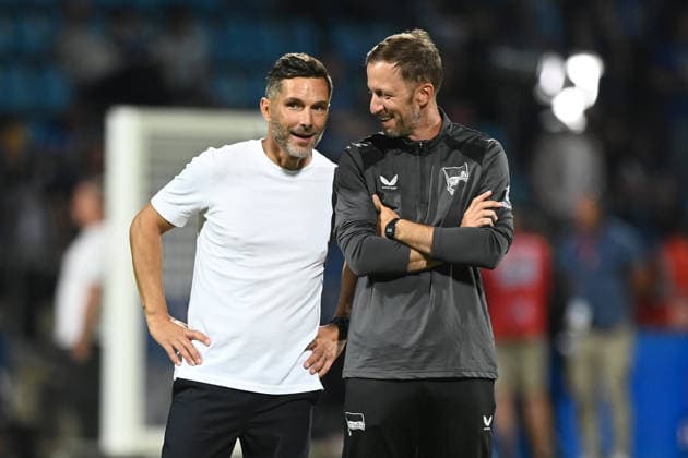 Schlussjubel, Jubel, jubeln, Freude, cheers, Trainer Stefan LEITL (B) und Co-Trainer Andreas SCHUMACHER (B) Fussball 2. Bundesliga, 1. Spieltag, VfL Bochum (BO) - Hertha BSC Berlin (B) 0-1 am 07.08.2026 im Vonovia Ruhrstadion Bochum Deutschland. DFL regulations prohibit any use of photographs as image sequences and or quasi-video Â *** Victory celebration, cheering, joy, cheers, Head Coach Stefan LEITL B and Assistant Coach Andreas SCHUMACHER B, Soccer, 2. Bundesliga, Matchday 1, VfL Bochum BO vs. Hertha BSC Berlin B 0–1 on August 7, 2026, at the Vonovia Ruhrstadion in Bochum, Germany. DFL regulations prohibit any use of photographs as image sequences and or quasi-video.