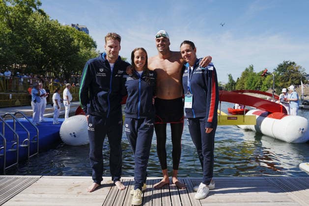 Italy team silver medal with Gregorio Paltrinieri (Guidi, Taddeucci, Paltrinieri, Pozzobon) during 4x1500 Open Water Relay at the European Aquatics Championships Paris 2026, Paris, August 08, 2026 .  Copyright: xGianxMattiaxD Alberto LaPressex