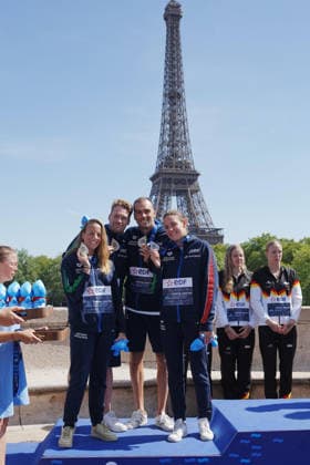 Italy team silver medal ( Barbara Pozzobon, Ginevra Taddeucci, Marcello Guidi e Gregorio Paltrinieri ) during 4x1500 Open Water Relay at the European Aquatics Championships Paris 2026, Paris, August 08, 2026 .  Copyright: xGianxMattiaxD Alberto LaPressex