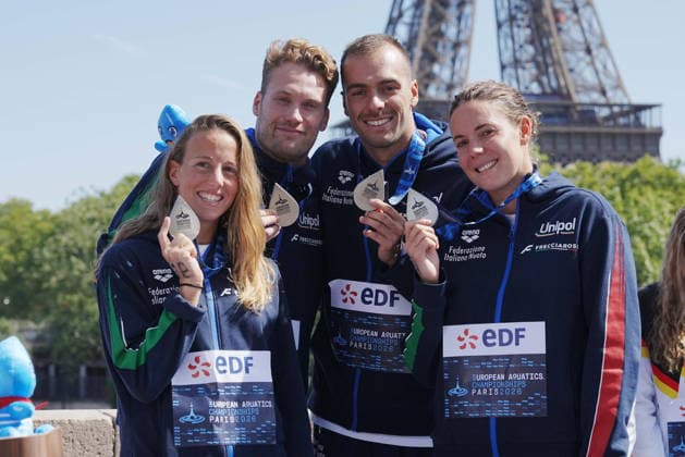 Italy team silver medal ( Barbara Pozzobon, Ginevra Taddeucci, Marcello Guidi e Gregorio Paltrinieri ) during 4x1500 Open Water Relay at the European Aquatics Championships Paris 2026, Paris, August 08, 2026 .  Copyright: xGianxMattiaxD Alberto LaPressex