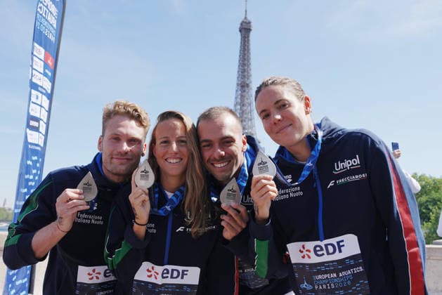 Italy team silver medal ( Barbara Pozzobon, Ginevra Taddeucci, Marcello Guidi e Gregorio Paltrinieri ) during 4x1500 Open Water Relay at the European Aquatics Championships Paris 2026, Paris, August 08, 2026 .  Copyright: xGianxMattiaxD Alberto LaPressex