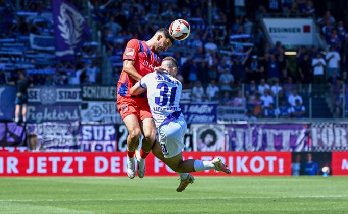08.08.2026, xemx, Fussball 2.Bundesliga, 1.FC Heidenheim - VfL Osnabrück v.l. Oualid Mhamdi (1.FC Heidenheim), Patrick Kammerbauer (VfL Osnabrück) Zweikampf, Aktion, action, battle for the ball (DFL DFB REGULATIONS PROHIBIT ANY USE OF PHOTOGRAPHS as IMAGE SEQUENCES and or QUASI-VIDEO) Heidenheim *** August 8, 2026, xemx, Soccer 2. Bundesliga, 1. FC Heidenheim vs. VfL Osnabrück, L. Oualid Mhamdi, 1. FC Heidenheim, Patrick Kammerbauer, VfL Osnabrück, tackle, action, battle for the ball. DFL and DFB regulations prohibit any use of photographs as image sequences and or quasi-video. Heidenheim