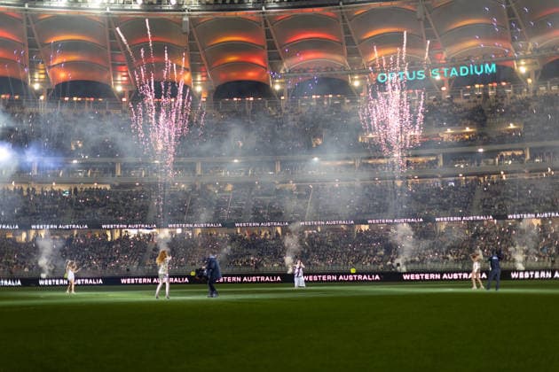 SOCCER JUVENTUS INTER, Pre game performance during the soccer exhibition match between Juventus and Inter Milan at Optus Stadium in Perth, Saturday, August, 8, 2026. ( NO ARCHIVING PERTH WESTERN AUSTRALIA AUSTRALIA  Copyright: xINGOxBURKHARDTx 20260808149821563044