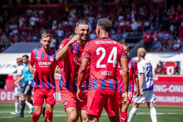 Deutschland: Fussball Saison 2026 2027 , 2. Bundesliga , 1. FC Heidenheim vs. VfL Osnabrück - Voith-Arena (Heidenheim) : Marcel Costly (1. FC Heidenheim, 24) und Oualid Mhamdi (1. FC Heidenheim, 22), Jubel, Freude, Emotionen, Tor und Torjubel zum 2:1 Heidenheim Voith-Arena Deutschland *** Germany Soccer Season 2026–2027, 2. Bundesliga, 1. FC Heidenheim vs. VfL Osnabrück at Voith Arena, Heidenheim: Marcel Costly (1. FC Heidenheim, 24) and Oualid Mhamdi (1. FC Heidenheim, 22), Celebration, joy, excitement, goal, and goal celebration for the 2–1 win by Heidenheim at the Voith Arena in Germany Copyright: xBennetxLongx
