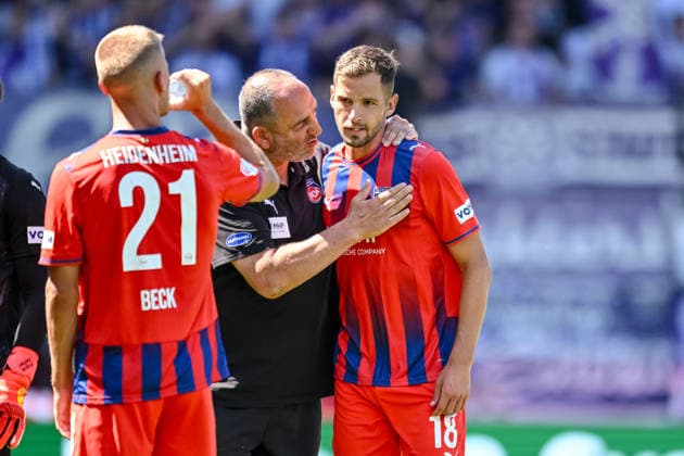 Adrian Beck (1. FC Heidenheim 1846), ht und Marvin Pieringer (1. FC Heidenheim 1846) gestikuliert, gestik waehrend des spiels der 2. Bundesliga zwischen 1. FC Heidenheim und VfL Osnabrueck, Voith-Arena am 08. August 2026 in Heidenheim an der Brenz, Deutschland. (Foto von Harry Langer DeFodi Images) +++ Adrian Beck (1. FC Heidenheim 1846), ht und Marvin Pieringer (1. FC Heidenheim 1846) gestures during the 2nd Bundesliga match between 1. FC Heidenheim and VfL Osnabrueck at Voith-Arena on August 8, 2026 in Heidenheim an der Brenz, Germany. (Photo by Harry Langer DeFodi Images) DFB DFL REGULATIONS PROHIBIT ANY USE OF PHOTOGRAPHS AS IMAGE SEQUENCES AND OR QUASI-VIDEO. (Photo by Harry Langer DeFodi Images) DFB DFL REGULATIONS PROHIBIT ANY USE OF PHOTOGRAPHS AS IMAGE SEQUENCES AND OR QUASI-VIDEO. - *** Adrian Beck of 1 FC Heidenheim 1846 (HT) and Marvin Pieringer of 1 FC Heidenheim 1846 gesturing during the 2. Bundesliga match between 1 FC Heidenheim and VfL Osnabrück, Voith Arena on August 8, 2026, in Heidenheim an der Brenz, Germany. Photo by Harry Langer, DeFodi Images. Adrian Beck of 1 FC Heidenheim 1846, ht and Marvin Pieringer of 1 FC Heidenheim 1846 gesturing during the 2nd Bundesliga match between 1 FC Heidenheim and VfL Osnabrück at the Voith Arena on August 8, 2026, in Heidenheim an der Brenz, Germany. Photo by Harry Langer, DeFodi Images. DFB and DFL regulations prohibit any use of photographs as image sequences and or quasi-video. Photo by Harry Langer, DeFodi Images. DFB and DFL regulations prohibit any use of photographs as imSEQUENCES AND OR QUASI-VIDEO