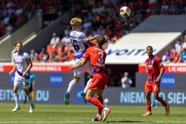 Kopfballduell Fridolin Wagner (VfL Osnabrueck, 26) Jan Schoeppner (1.FC Heidenheim, 03), GER, 1.FC Heidenheim vs. VfL Osnabrueck, Fussball, 2. Bundesliga, 01. Spieltag, Spielzeit 2026 2027, 08.08.2026, DFL DFB REGULATIONS PROHIBIT ANY USE OF PHOTOGRAPHS AS IMAGE SEQUENCES AND OR QUASI-VIDEO, GER, 1.FC Heidenheim vs. VfL Osnabrueck, Fussball, 2. Bundesliga, 01. Spieltag, Spielzeit 2026 2027, 08.08.2026 Heidenheim *** Heading duel: Fridolin Wagner (VfL Osnabrück), Jan Schoeppner (1. FC Heidenheim), Jan. 3, GER, 1. FC Heidenheim vs. VfL Osnabrück, Soccer, 2. Bundesliga, Matchday 01, 2026–2027 season, August 8, 2026, DFL and DFB regulations prohibit any use of photographs as image sequences and or quasi-video, GER, 1 FC Heidenheim vs. VfL Osnabrück, Soccer, 2. Bundesliga, Matchday 1, 2026–2027 Season, August 8, 2026, Heidenheim Copyright: xEibner-Pressefoto JanixPlessx EP_JPL