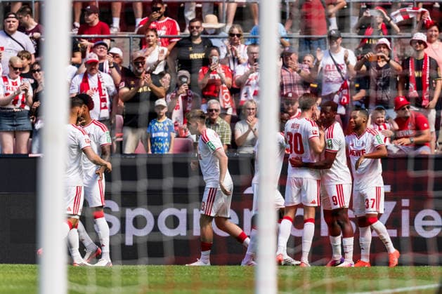 COLOGNE, GERMANY - AUGUST 08: Linton Maina (1. FC Koeln, 37) celebrates scoring the 1:0 goal with his teammates during a friendly match of season 2026 27 between 1. FC Köln vs. Real Sociedad San Sebastian at RheinEnergiestadion on August 08, 2026 in Cologne, Germany. North Rhine Westphalia Germany Copyright: xSteffiexWunderlx