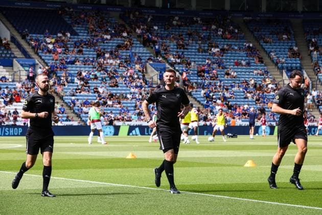 Referee Ollie Yates, Assistant Referee Grant Taylor and Assistant Referee Oliver Bickle warm up before kick off Leicester City v Northampton Town, EFL Carabao Cup, First Round, Football, King Power Stadium, Leicester, UK - 08 Aug 2026Leicester King Power Stadium United Kingdom EDITORIAL USE ONLY No use with unauthorised audio, video, data, fixture lists, club league logos or live services. Online in-match use limited to 120 images, no video emulation. No use in betting, games or single club league player publications.  Copyright: xMarkxKerton Shutterstockx 17051082af