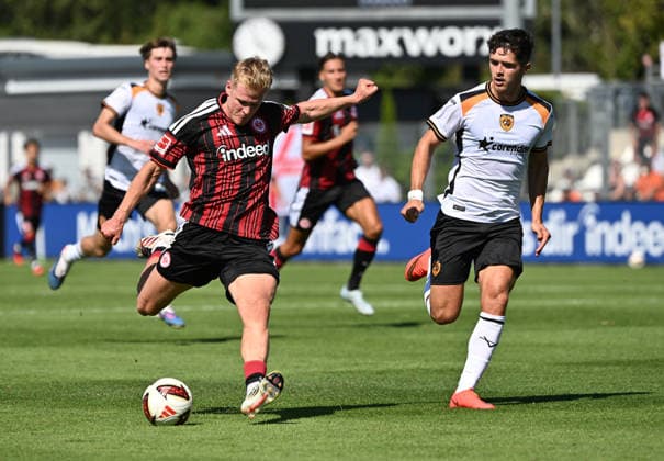 08.08.2026, xjhx, Fussball Testspiel, Eintracht Frankfurt - Hull City v.l. Jonathan Jonny Burkardt (Eintracht Frankfurt) Goal scored, erzielt das Tor zum 1:0 Dreich *** August 8, 2026, xjhx, Soccer Friendly Match, Eintracht Frankfurt vs. Hull City – Jonathan Jonny Burkardt of Eintracht Frankfurt scores the goal, making the score 1–0.