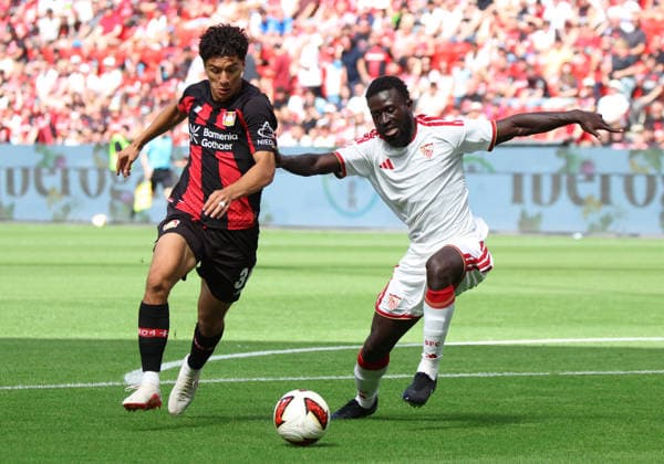 v.l. Ibrahim Maza (Bayer Leverkusen, 30), Arouna Sangante (Sevilla FC, 12) GER, Bayer 04 Leverkusen vs. Sevilla FC, 1. Bundesliga , Saisoneroeffnungsspiel, Spielzeit 2026 2027, 08.08.2026 (DFL DFB REGULATIONS PROHIBIT ANY USE OF PHOTOGRAPHS as IMAGE SEQUENCES and or QUASI-VIDEO). GER, Bayer 04 Leverkusen vs. Sevilla FC, 1. Bundesliga , Saisoneroeffnungsspiel, Spielzeit 2026 2027, 08.08.2026 Leverkusen *** from left: Ibrahim Maza, Bayer Leverkusen, 30; Arouna Sangante, Sevilla FC, 12 (GER); Bayer 04 Leverkusen vs. Sevilla FC, Bundesliga 1, season opener, 2026–2027 season, August 8, 2026 DFL and DFB regulations prohibit any use of photographs as image sequences and or quasi-video GER, Bayer 04 Leverkusen vs. Sevilla FC, Bundesliga 1, season opener, 2026–2027 season, August 8, 2026, Leverkusen Copyright: xEibner-Pressefotox EP_TSR