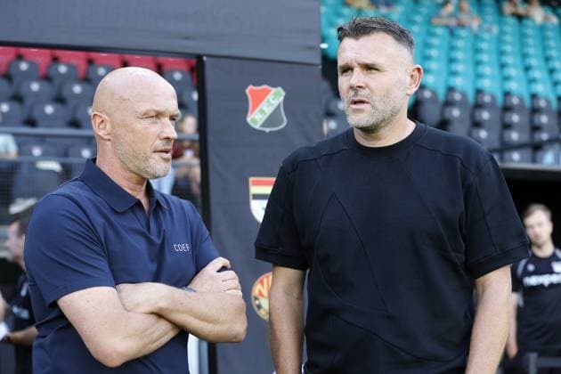 NIJMEGEN - (lr) NEC Nijmegen Coach Dick Schreuder, Telstar Coach Henk Brugge during the Dutch Eredivisie match between NEC Nijmegen and Telstar at De Goffert on August 8, 2026 in Nijmegen, the Netherlands. BART STOUTJESDIJK ANP Eredivisie 2026 27 xVIxANPxSportx xxANPxIVx 565084755 originalFilename: 565084755.jpg