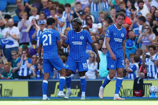 Brighton and Hove, England, 8th August 2026. Georginio Rutter of Brighton & Hove Albion celebrates after scoring the opening goal during the Brighton and Hove Albion vs AS Roma Pre Season Friendly match at the AMEX Stadium, Brighton and Hove. Picture credit should read: Andrew Yates Sportimage EDITORIAL USE ONLY. No use with unauthorised audio, video, data, fixture lists, club league logos or live services. Online in-match use limited to 120 images, no video emulation. No use in betting, games or single club league player publications. SPI_003_PT_Brighton_Roma SPI-4897-0003