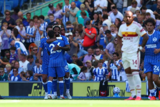 Brighton and Hove, England, 8th August 2026. Georginio Rutter of Brighton & Hove Albion celebrates after scoring the opening goal during the Brighton and Hove Albion vs AS Roma Pre Season Friendly match at the AMEX Stadium, Brighton and Hove. Picture credit should read: Andrew Yates Sportimage EDITORIAL USE ONLY. No use with unauthorised audio, video, data, fixture lists, club league logos or live services. Online in-match use limited to 120 images, no video emulation. No use in betting, games or single club league player publications. SPI_004_PT_Brighton_Roma SPI-4897-0004