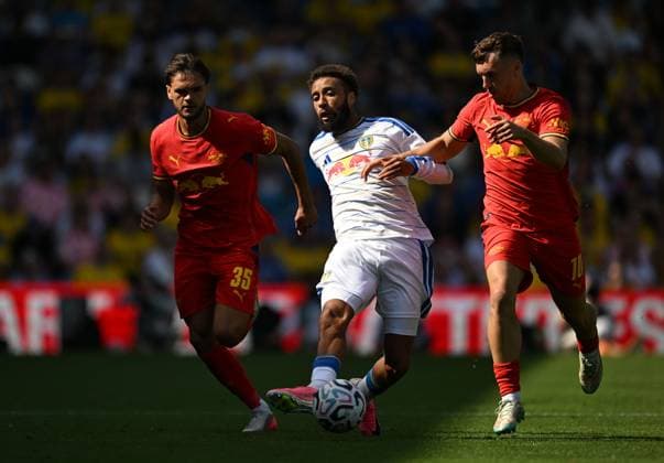 Jayden Bogle of Leeds United and Brajan Gruda of RB Leipzig Leeds United v RB Leipzig, Pre Season Friendly, Football, Elland Road, Leeds, UK - 08 Aug 2026Leeds Elland Road United Kingdom EDITORIAL USE ONLY No use with unauthorised audio, video, data, fixture lists, club league logos or live services. Online in-match use limited to 120 images, no video emulation. No use in betting, games or single club league player publications.  Copyright: xAnnaxGowthorpe Shutterstockx 17051042t