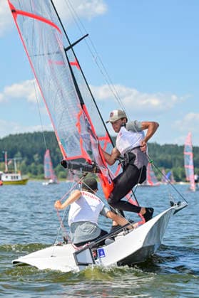 Alexandre Mostini and Raphael Allain of France compete during the finals of the 29er class European Championship, EM, Europameisterschaft on Lipno Reservoir, on August 8, 2026, Cerna v Posumavi, Czech Republic. (CTKxPhoto VaclavxPancer) CTKPhotoP2026080803142  CTKPhotoP2026080803142