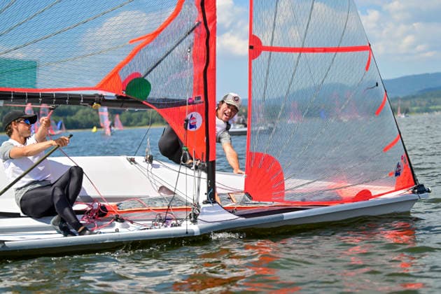 Alexandre Mostini and Raphael Allain of France compete during the finals of the 29er class European Championship, EM, Europameisterschaft on Lipno Reservoir, on August 8, 2026, Cerna v Posumavi, Czech Republic. (CTKxPhoto VaclavxPancer) CTKPhotoP2026080803146  CTKPhotoP2026080803146