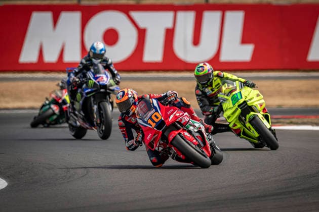 RECORD DATE NOT STATED 8th August 2026; Silverstone Circuit, Northamptonshire, England; 2026 MotoGP Grand Prix of Great Britain, Qualifying Day; Luca Marini of the Honda HRC Castrol Team during the Qualifying session with Franco Morbidelli of the Pertamina Enduro VR46 Racing Team behind GodfreyxPitt