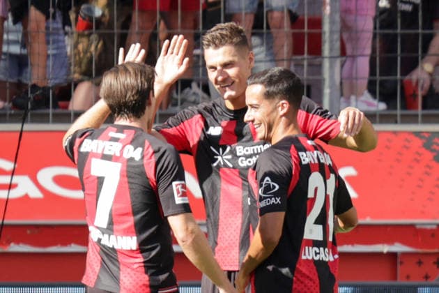 08.08.2026, xgrfx, Fussball Testspiel, Bayer Leverkusen - FC Sevilla v.l. Tor, Patrik Schick zum 2:1 (Bayer Leverkusen) (DFL DFB REGULATIONS PROHIBIT ANY USE OF PHOTOGRAPHS as IMAGE SEQUENCES and or QUASI-VIDEO) Leverkuseb *** August 8, 2026, xgrfx, Soccer Friendly Match, Bayer Leverkusen vs. FC Sevilla, Goal, Patrik Schick makes it 2–1 for Bayer Leverkusen. DFL and DFB regulations prohibit any use of photographs as image sequences and or quasi-video. Leverkusen