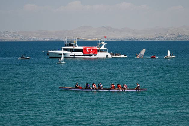 12th Van Sea Water Sports Festival kicks off on Lake Van VAN, TURKIYE - AUGUST 08: A view of participants and athletes taking part in the 12th Van Sea Water Sports Festival held at the Edremit-Gebze Water Sports Center on the shores of Lake Van in Van, Turkiye, on August 08, 2026. Organized to promote Lake Van and boost local tourism, the two-day event features Beach volleyball, Beachvolleyball and handball matches, flyboard demonstrations, canoeing, rowing, dragon boat races, and various recreational activities. Ozkan Bilgin Anadolu Van Turkey. Editorial use only. Please get in touch for any other usage.  Copyright: x2026xAnadoluxOzkanxBilginx