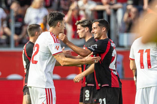 AndrÃ s Castrin (Sevilla FC) und Lucas Vazquez (Bayer 04 Leverkusen) gestures during the pre-season friendly match between Bayer 04 Leverkusen and Sevilla FC at BayArena on August 8, 2026 in Leverkusen, Germany. (Photo by Mario Hommes DeFodi Images) - *** Andrés Castrin of Sevilla FC and Lucas Vázquez of Bayer 04 Leverkusen exchange gestures during the preseason friendly match between Bayer 04 Leverkusen and Sevilla FC at BayArena on August 8, 2026, in Leverkusen, Germany. Photo by Mario Hommes, DeFodi Images