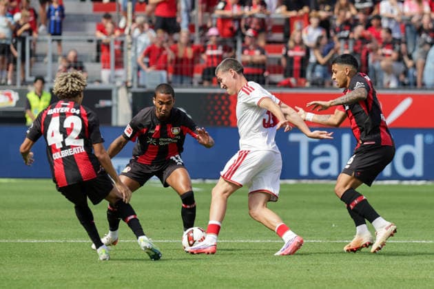 08.08.2026, xgrfx, Fussball Testspiel, Bayer Leverkusen - FC Sevilla v.l. Arthur (Bayer Leverkusen), Oso (FC Sevilla) (DFL DFB REGULATIONS PROHIBIT ANY USE OF PHOTOGRAPHS as IMAGE SEQUENCES and or QUASI-VIDEO) Leverkuseb *** August 8, 2026, xgrfx, soccer friendly match, Bayer Leverkusen vs. FC Sevilla, Arthur Bayer Leverkusen, Oso FC Sevilla. DFL and DFB regulations prohibit any use of photographs as image sequences and or quasi-video. Leverkuseb