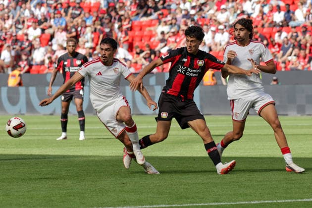 08.08.2026, xgrfx, Fussball Testspiel, Bayer Leverkusen - FC Sevilla v.l. Gabriel Suazo (FC Sevilla), Ibrahim Maza (Bayer Leverkusen), Nicolas Gullien (FC Sevilla) (DFL DFB REGULATIONS PROHIBIT ANY USE OF PHOTOGRAPHS as IMAGE SEQUENCES and or QUASI-VIDEO) Leverkuseb *** August 8, 2026, xgrfx, Soccer Friendly Match, Bayer Leverkusen vs. FC Sevilla, Gabriel Suazo (FC Sevilla), Ibrahim Maza (Bayer Leverkusen), Nicolas Gullien, FC Sevilla. DFL and DFB regulations prohibit any use of photographs as image sequences and or quasi-video. Leverkuseb