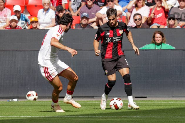 08.08.2026, xgrfx, Fussball Testspiel, Bayer Leverkusen - FC Sevilla v.l. Juan Iglesias (FC Sevilla), Afonso Moreira (Bayer Leverkusen) (DFL DFB REGULATIONS PROHIBIT ANY USE OF PHOTOGRAPHS as IMAGE SEQUENCES and or QUASI-VIDEO) Leverkuseb *** August 8, 2026, xgrfx, soccer friendly match, Bayer Leverkusen vs. FC Sevilla, Juan Iglesias (FC Sevilla), Afonso Moreira (Bayer Leverkusen). DFL and DFB regulations prohibit any use of photographs as image sequences and or quasi-video. Leverkuseb