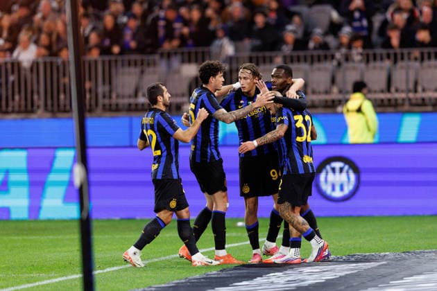 August 8, 2026, Perth, Wa, Australia: Inter players celebrate Federico Di Marco opening goal during the Calcio Italiano match between Juventus FC and Internazionale FC at Optus Stadium in Perth. Juventus FC V Internazionale FC Ã¢â‚¬ Calcio Italiano Perth  - ZUMAc318 20260808_znp_c318_036 Copyright: xJohnxCarusix