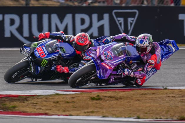 Fabio Quartararo (France) of the Monster Energy Yamaha MotoGP ( 20) and Jack Miller (Australia) of the Prima Pramac Yamaha MotoGP ( 43) during MotoGP Tiscot Sprint race (10 laps) at Round 12 of the 2026 Qatar Airways Grand Prix of Great Britain at Silverstone Circuit, Towcester, England on the 7 August 2026.  Copyright: xDavidxHornx PMI-7310-0210