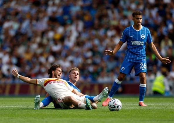 Luigi Cherubini of AS Roma is challenged by Joao Costinha of Brighton and Hove Albion Brighton and Hove Albion v Roma, Pre Season Friendly, Football, American Express Community Stadium, Brighton, UK - 08 Aug 2026Brighton American Express Community Stadi United Kingdom EDITORIAL USE ONLY No use with unauthorised audio, video, data, fixture lists, club league logos or live services. Online in-match use limited to 120 images, no video emulation. No use in betting, games or single club league player publications.  Copyright: xMattxImpey Shutterstockx 17050873aa