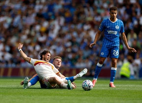 Luigi Cherubini of AS Roma is challenged by Joao Costinha of Brighton and Hove Albion Brighton and Hove Albion v Roma, Pre Season Friendly, Football, American Express Community Stadium, Brighton, UK - 08 Aug 2026Brighton American Express Community Stadi United Kingdom EDITORIAL USE ONLY No use with unauthorised audio, video, data, fixture lists, club league logos or live services. Online in-match use limited to 120 images, no video emulation. No use in betting, games or single club league player publications.  Copyright: xMattxImpey Shutterstockx 17050873z