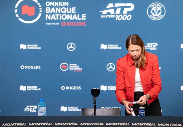 August 8, 2026, Montreal, Pq, Canada: Valerie Tetreault, vice-president communications Tennis Canada and tournament director at the National Bank Open in Montreal arrives at a press conference, PK, Pressekonferenz on Saturday, Aug. 8, 2026. Canada News - August 8, 2026  - ZUMAc35_ 20260808_zaf_c35_001 Copyright: xChristinnexMuschix