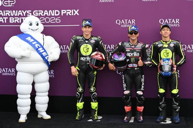 Qualifying for Qatar Airways Grand Prix of the United Kingdom of MotoGP at Silverstone Circuit. 08 August 2026 In picture: Jorge Martin, Raul Fernandez and Ai Ogura Clasificcion del Gran Premio Qatar Airways de MotoGP del Reino Unido en el circuito de Silverstone. 08 de Agosto de 2026 POOL MotoGP.com Cordon Press Images will be for editorial use only. Mandatory credit: MotoGP.com Cordon Press 