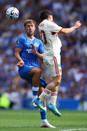 Brighton and Hove, England, 8th August 2026. Jack Hinshelwood of Brighton & Hove Albion and Mattia Mannini of AS Roma challenge for the ball during the Brighton and Hove Albion vs AS Roma Pre Season Friendly match at the AMEX Stadium, Brighton and Hove. Picture credit should read: Andrew Yates Sportimage EDITORIAL USE ONLY. No use with unauthorised audio, video, data, fixture lists, club league logos or live services. Online in-match use limited to 120 images, no video emulation. No use in betting, games or single club league player publications. SPI_011_PT_Brighton_Roma SPI-4897-0011