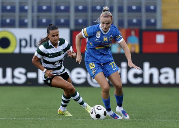 SOCCER - WCL, St.Poelten vs Sporting SANKT POELTEN,AUSTRIA,08.AUG.26 - SOCCER - UEFA Women s Champions League, qualification, SKN Sankt Poelten vs Sporting CP. Image shows Ana Dias (Lissabon) and Diana Lemesova (St.Poelten).  GEPAxpictures xWalterxLuger
