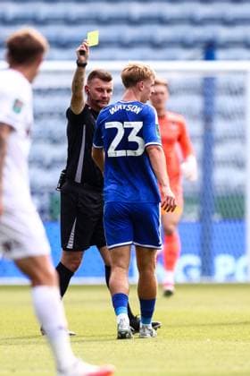 Jannik Vestergaard of Leicester City receives a yellow card off Referee Ollie Yates for a bad challenge Leicester City v Northampton Town, EFL Carabao Cup, First Round, Football, King Power Stadium, Leicester, UK - 08 Aug 2026Leicester King Power Stadium United Kingdom EDITORIAL USE ONLY No use with unauthorised audio, video, data, fixture lists, club league logos or live services. Online in-match use limited to 120 images, no video emulation. No use in betting, games or single club league player publications.  Copyright: xMarkxKerton Shutterstockx 17051082co