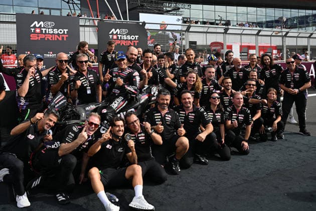 RECORD DATE NOT STATED 8th August 2026; Silverstone Circuit, Northamptonshire, England; 2026 MotoGP Grand Prix of Great Britain, Qualifying Day; Jorge Martin of Aprilia Racing with the whole Aprilla Racing team after winning the MotoGP Sprint Race SimonxWest