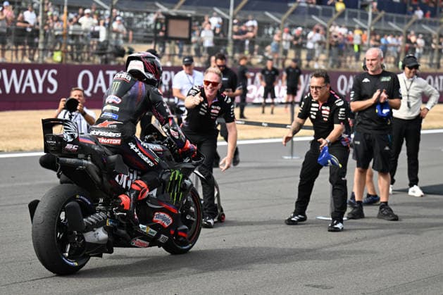 RECORD DATE NOT STATED 8th August 2026; Silverstone Circuit, Northamptonshire, England; 2026 MotoGP Grand Prix of Great Britain, Qualifying Day; Jorge Martin of Aprilia Racing arrives at Parc Ferme after winning the MotoGP Sprint Race SimonxWest