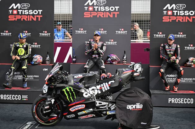 RECORD DATE NOT STATED 8th August 2026; Silverstone Circuit, Northamptonshire, England; 2026 MotoGP Grand Prix of Great Britain, Qualifying Day; the podium for the MotoGP Sprint Race, 3rd Marco Bezzecchi of Aprilia Racing, 2nd Ai Ogura of SuperFile Trackhouse MotoGP Team, 1st Jorge Martin of Aprilia Racing SimonxWest