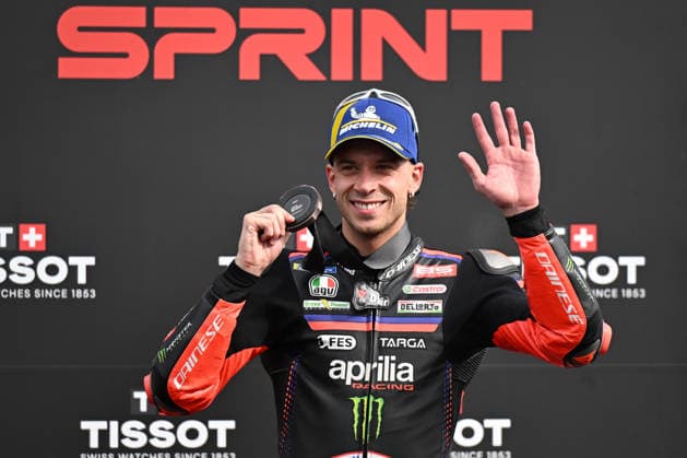 RECORD DATE NOT STATED 8th August 2026; Silverstone Circuit, Northamptonshire, England; 2026 MotoGP Grand Prix of Great Britain, Qualifying Day; Marco Bezzecchi of Aprilia Racing celebrates his 3rd place in the MotoGP Sprint Race SimonxWest